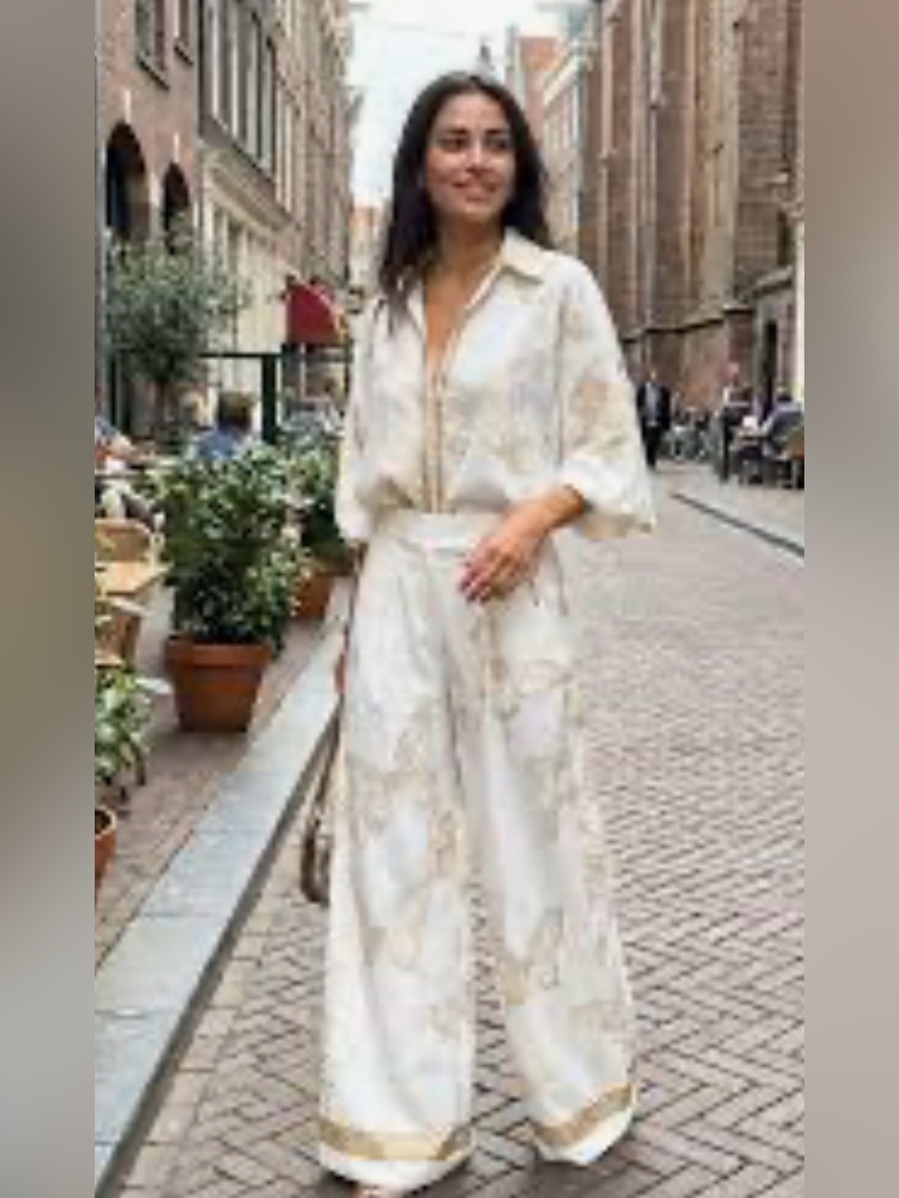 Women’s Cream Wide-Leg Butterfly Print with Gold Pant Set